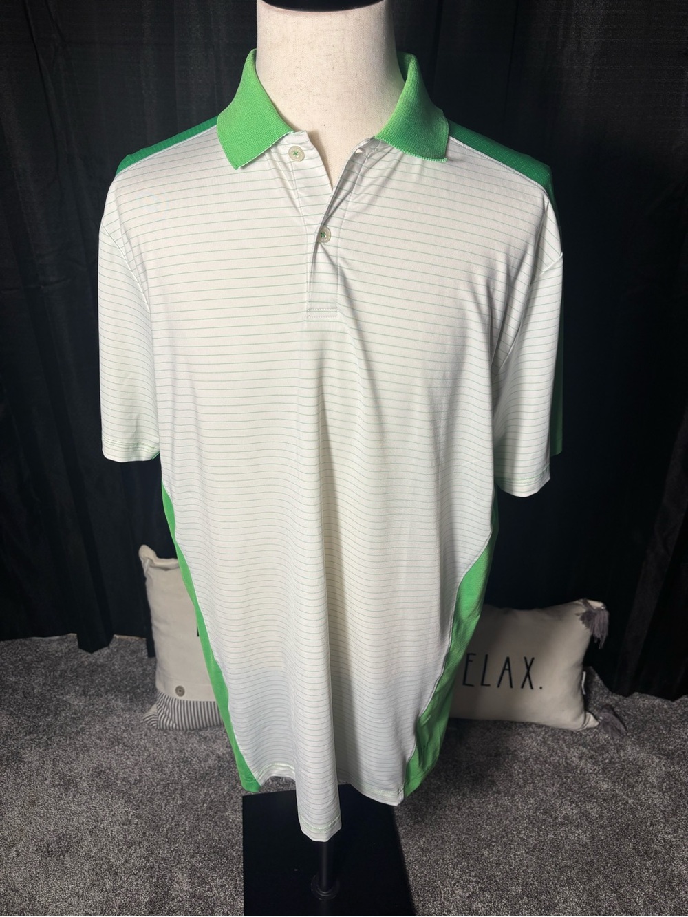 Tabasco White Polo with Green Collar and Side Panels - Size Large